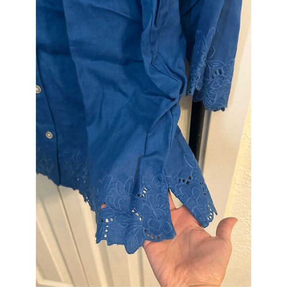 Jones New York 100 % Linen Embroidered Floral Button Down Shirt Blue 3X Plus - Picture 4 of 9